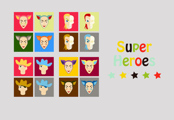 Superhero actions icon set in cartoon colored style different poses vector illustration