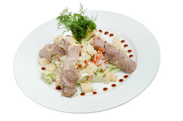 Salad with meat on a plate on a white isolated background