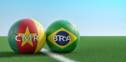 Brazil vs. Cameroon Soccer Match - Soccer balls in Brazil and Cameroon national colors on a soccer field. Copy space on the right side - 3D Rendering 