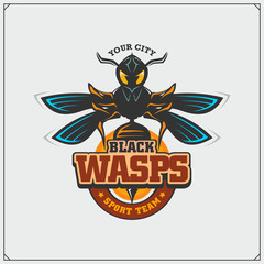 Wasp emblem and design elements. Dangerous stinging insect. Sport club emblem. Print design for t-shirt.