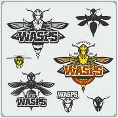 Fototapeta na wymiar Set of Wasp labels, badges, icons and design elements. Dangerous stinging insects collection. Sport club emblems. Print design for t-shirt.