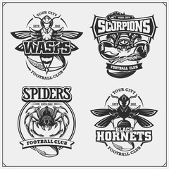 Set of vector football and soccer badges, labels and design elements. Sport club emblems with scorpion, wasp, hornet and spider. Print design for t-shirts.