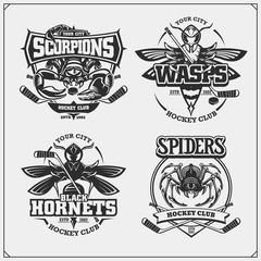 Hockey badges, labels and design elements. Sport club emblems with scorpion, wasp, hornet and spider. Print design for t-shirt.