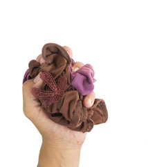 A man's hand is stealing a woman's underwear on white background.