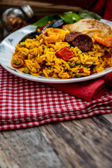 Prawn with rice - closeup of prawn with rice - traditionnal spanish food paella