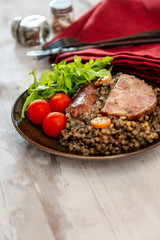 Green lentils with smoked pork sausage smoked choice, carrots and onions