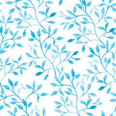 Blue  tree branch, watercolor painting - hand drawn seamless pattern with foliage on white background
