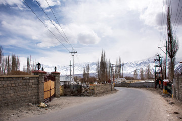 Fototapeta na wymiar View and landscape and cityscape with buildings inside of Leh Ladakh village at Himalayan valley while winter season in Jammu and Kashmir, India