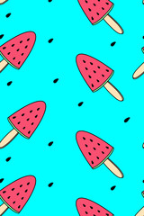 Watermelons blue background. Seamless pattern illustration, summer red sliced water melon. Vector abstract icon for design of natural products, food shop, supermarket, ecology concepts print, health