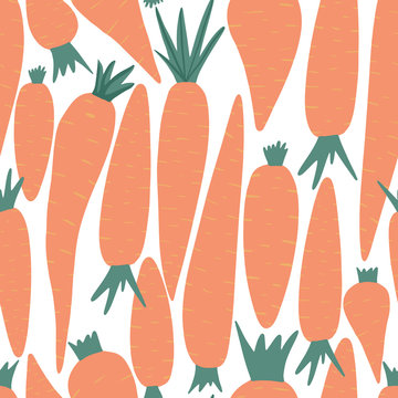 Hand Drawn Carrot Seamless Pattern On White Background. Doodle Carrots Wallpaper.