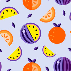 Watermelons Violet yellow Orange purple background. Seamless pattern melon set wallpaper Vector. Good for t shirt print Hand drawn graphic symbol backdrop. Decoration summer fruit texture illustration