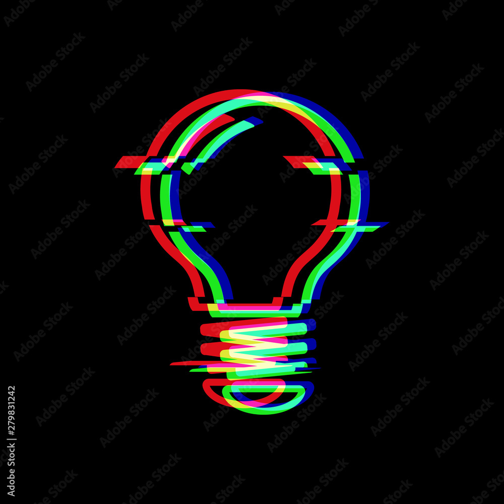Poster light bulb line symbol in glitch style. electric lamp. icon of idea isolated on black background. so
