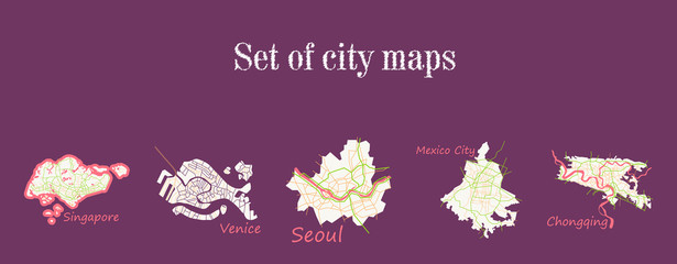 Set of landscape elements. City. (Top view) road, port, airport. (View from above)