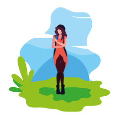 woman using smartphone device in the landscape