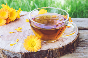 Cup of marigold and calendula tea flowers outdoors on green background. Extract of tincture of calendula in the cup.