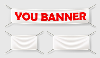 White textile banners with folds template set. Separate shadow. Cotton and canvas, flag blank, advertising empty.