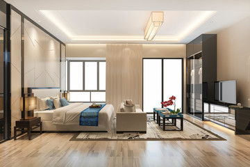 3d rendering luxury modern bedroom suite tv with wardrobe and walk in closet