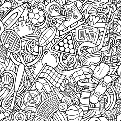 Sports hand drawn doodles seamless pattern. Line art vector background