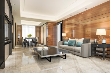 3d rendering modern dining room and living room with luxury decor