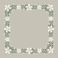 Naklejka premium Floral greeting card and invitation template for wedding or birthday anniversary, Vector square shape of text box label and frame, Jasmine flowers wreath ivy style with branch and leaves.