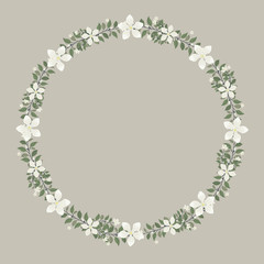 Floral greeting card and invitation template for wedding or birthday anniversary, Vector circle shape of text box label and frame, Jasmine flowers wreath ivy style with branch and leaves.