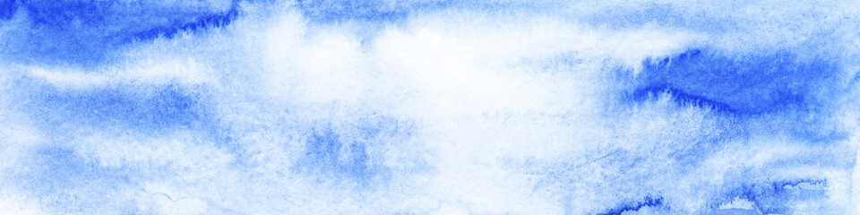 Watercolor abstract background in delicate blue shades. Handmade brushstroke painting of sky and clouds with wet ink effect. White splashes and blurred stripes on bright blue backdrop.