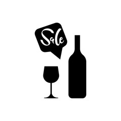 Vector illustration, black wine bottle and glass silhouettes and sale hand drawn lettering in a speech bubble.