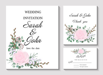 Wedding invitation with flowers and leaves, watercolor, isolated on white. Vector Watercolour.