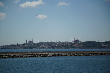 Fototapeta na wymiar istanbul iconic historical maiden's tower, topkapi palace, hagia shopia, suleymaniye mosque