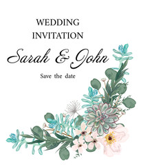 Wedding invitation with flowers and leaves, watercolor, isolated on white. Vector Watercolour.