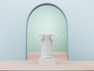 Abstract podium column on the blue background with arch. The victory pedestal is a minimalist concept. 3D rendering.