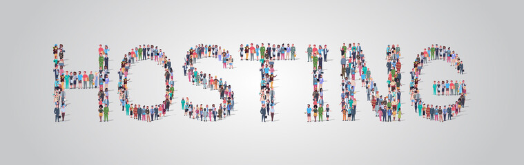 people crowd gathering in shape of hosting word different occupation employees mix race workers group standing together social media community concept flat horizontal