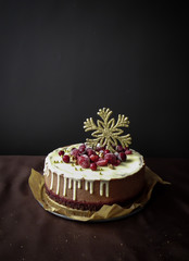 Chocolate cheesecake with cherry jam and white chocolate glaze - obrazy, fototapety, plakaty