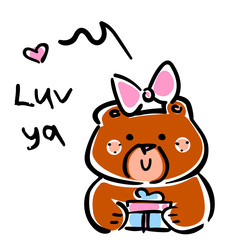 Vector illustration, line hand drawn girl bear with a gift and heart signs and lettering “LUV YA”. Applicable for Saint Valentine’s Day concepts, love designs, greeting cards, banners, flyers etc.
