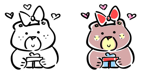 Vector illustration, line hand drawn girl bear with a gift. Colored and unpainted. Applicable for Happy Birthday concepts, free gifts promo, greeting cards, banners, posters, coloring books etc.