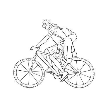Vector illustration, isolated man driving a bicycle in black and white colors, outline hand painted drawing