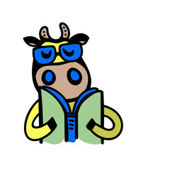 Fototapeta premium Vector illustration, line cartoon cow wearing glasses and reading book. Hand drawn, isolated. Applicable for package, poster, label designs, banners, flyers etc.