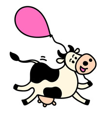 Vector illustration, line, sketched, doodled running or flying spotted cow with air balloon. Hand drawn, isolated, with 