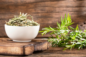 Rosemary, fresh and dried - Rosmarinus officinalis. Text space