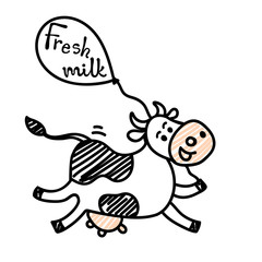 Vector illustration, line, sketched, doodled running or flying spotted cow with air balloon. Hand drawn, isolated, with 