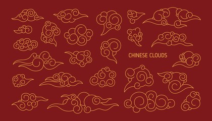 Set of clouds in traditional Japanese style hand drawn with contour lines on red background. Bundle of Asian decorative design elements, elegant atmospheric phenomena. Monochrome vector illustration.