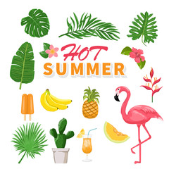summer icons set, drinks, palm leaves, fruits and flamingo. Bright summertime poster. Collection of scrapbooking elements for beach party.