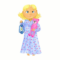 Little girl with lamp and teddy bear