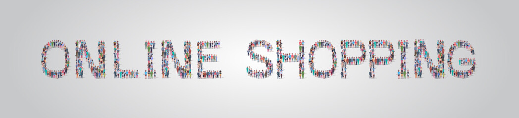 people crowd gathering in shape of online shopping word different occupation employees mix race workers group standing together social media community concept flat horizontal