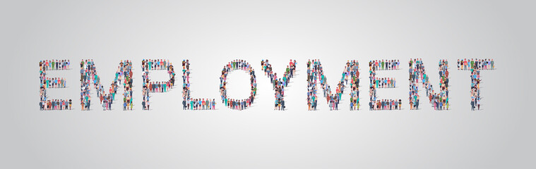 people crowd gathering in shape of employment word different occupation employees mix race workers group standing together social media community concept flat horizontal