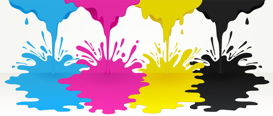 CMYK paints flowing down to the floor. Background with space for text.