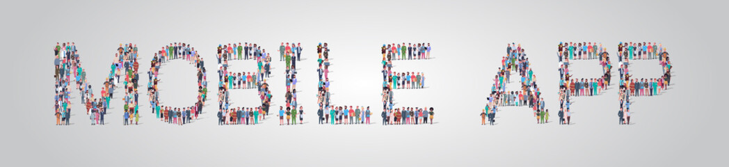 people crowd gathering in shape of mobile app word different occupation employees mix race workers group standing together social media community concept flat horizontal