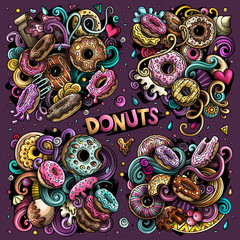 Colorful vector hand drawn doodles cartoon set of Donuts combinations of objects