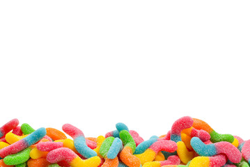 Juicy colorful jelly sweets isolated on white. Gummy candies. Snakes.