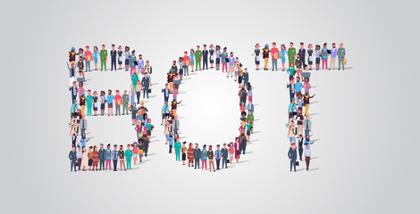 people crowd gathering in shape of bot word different occupation employees mix race workers group standing together social media community concept flat horizontal